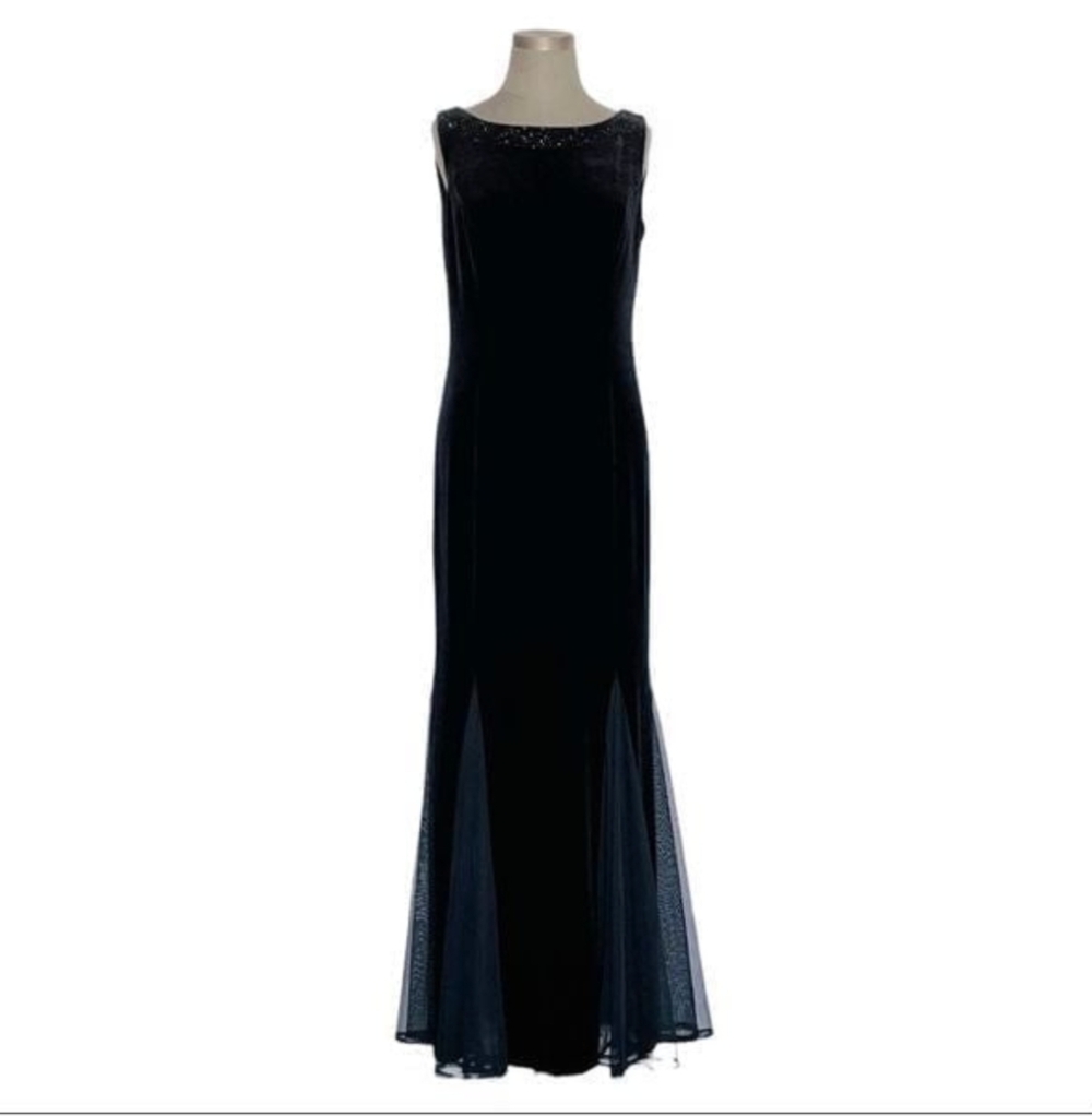 JESSICA HOWARD Womens Dress 12 Black Velvet Beaded Embroidered Maxi Evening EXC - Picture 3 of 9